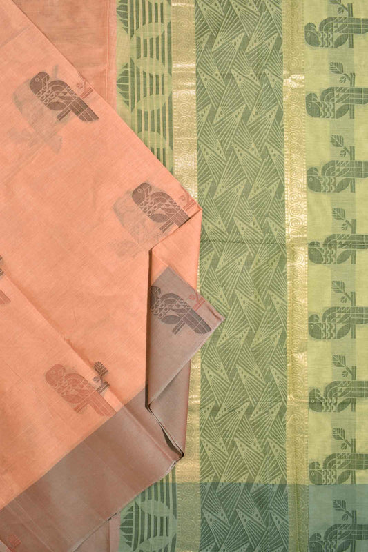 Light Orange Pure South Cotton Multi Color Bird Butta Saree