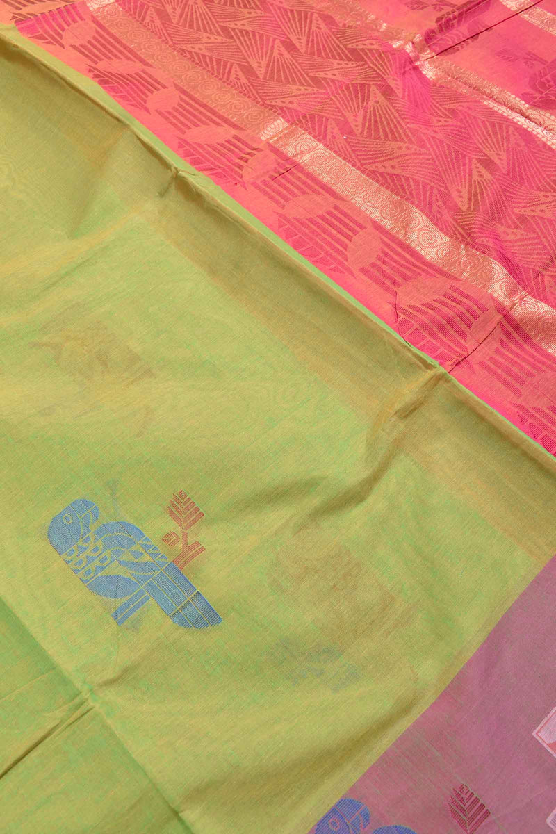 Green Pure South Cotton Multi Color Bird Butta Saree