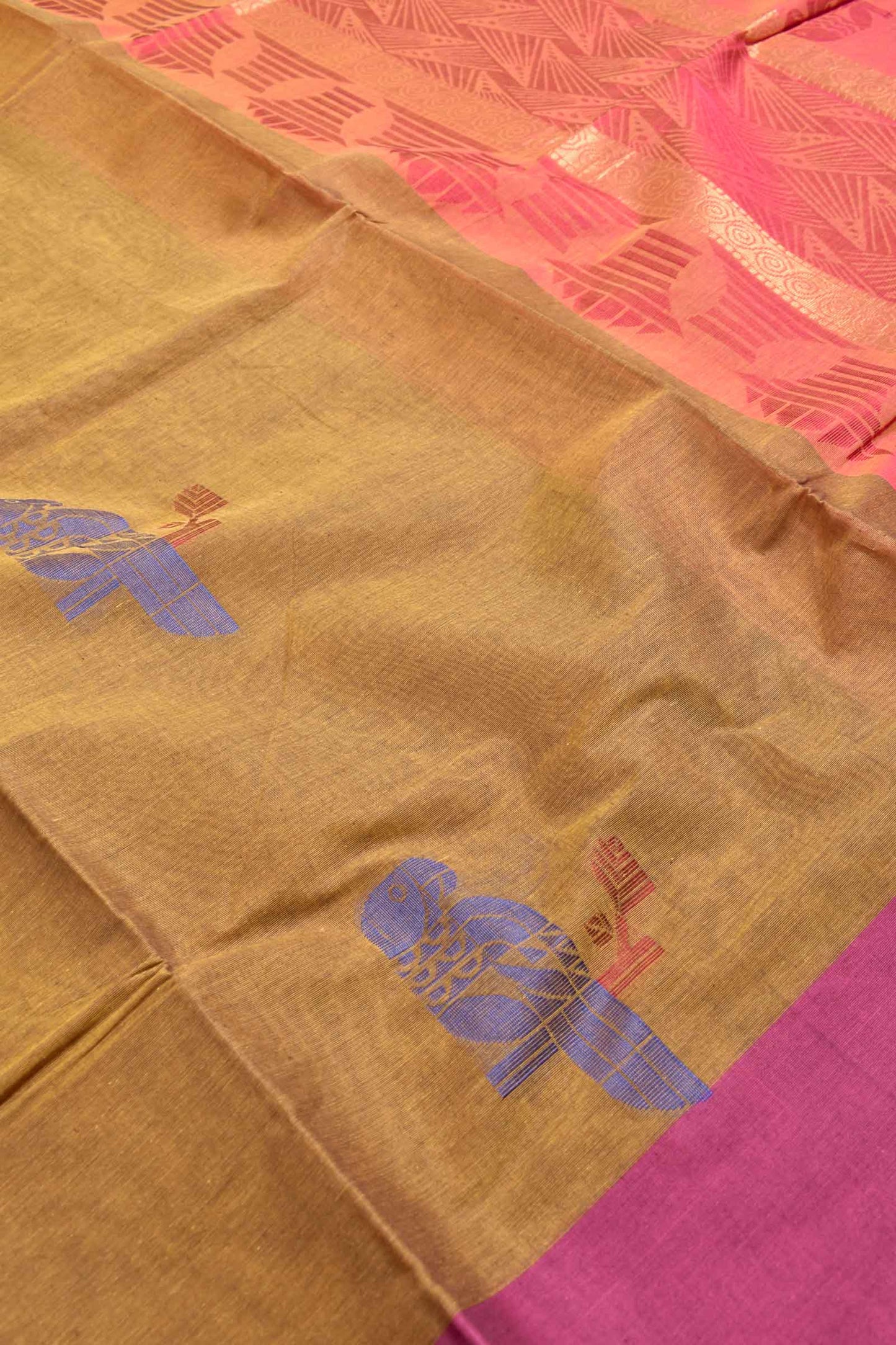 Mustard Pure South Cotton Multi Color Bird Butta Saree