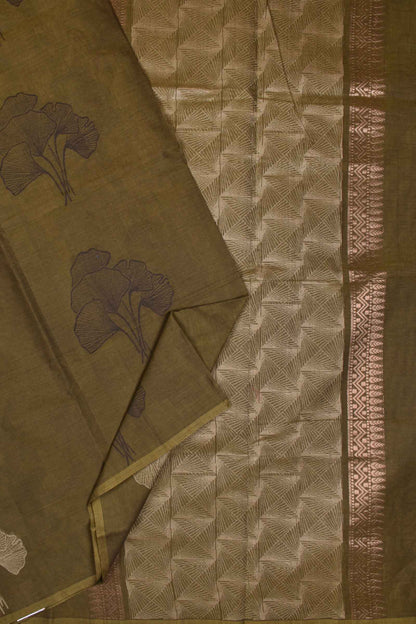 Dark Green Pure South Cotton Without Border Five Leaf Butta Saree