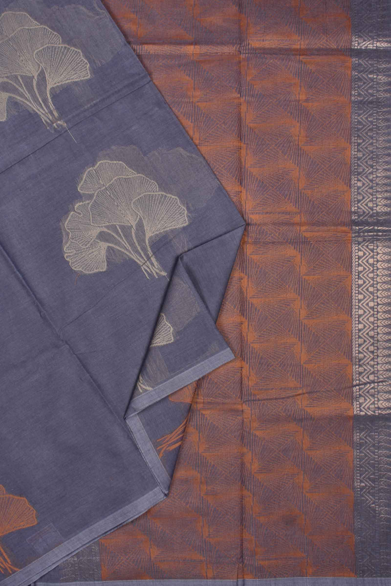 Grey Pure South Cotton Without Border Five Leaf Butta Saree