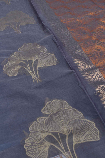 Grey Pure South Cotton Without Border Five Leaf Butta Saree