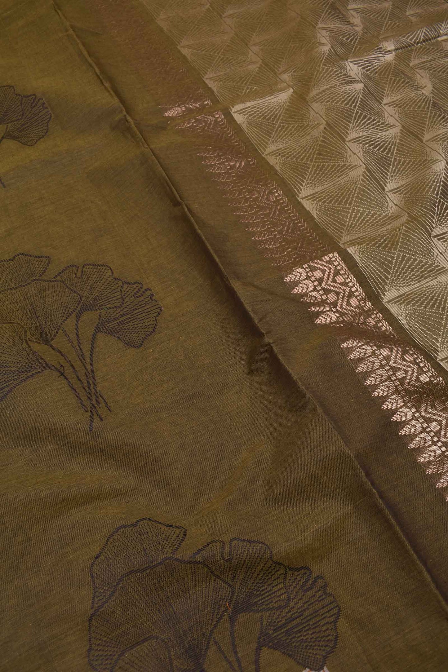 Dark Green Pure South Cotton Without Border Five Leaf Butta Saree