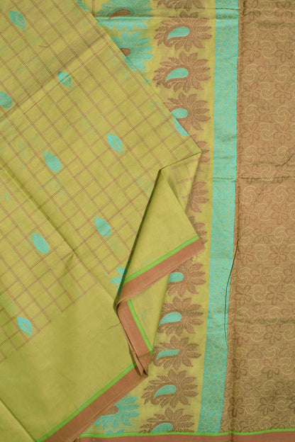 Green Pure South Cotton Body Checks Fancy Border Pallu Saree