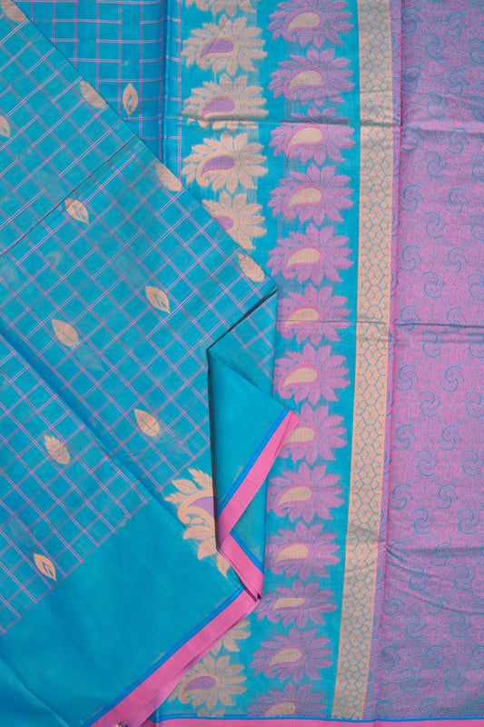 Blue Pure South Cotton Body Checks Fancy Border Pallu Saree