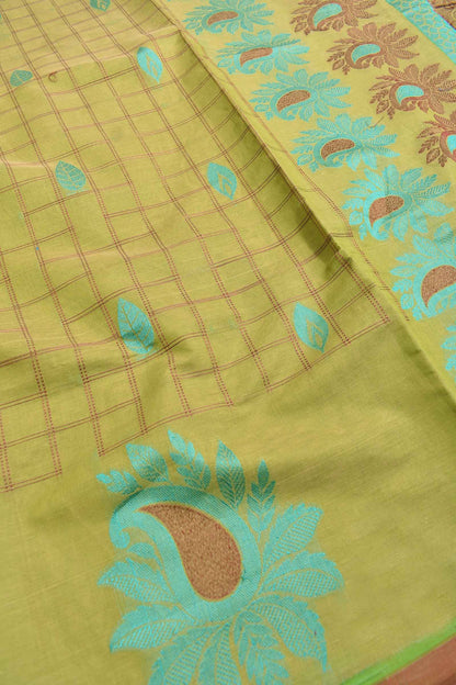 Green Pure South Cotton Body Checks Fancy Border Pallu Saree