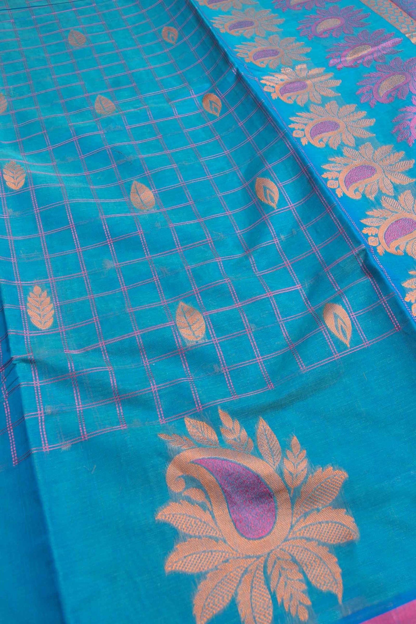 Blue Pure South Cotton Body Checks Fancy Border Pallu Saree