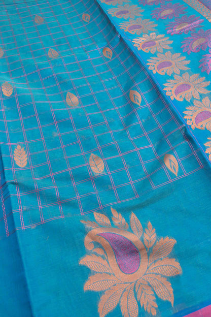 Blue Pure South Cotton Body Checks Fancy Border Pallu Saree