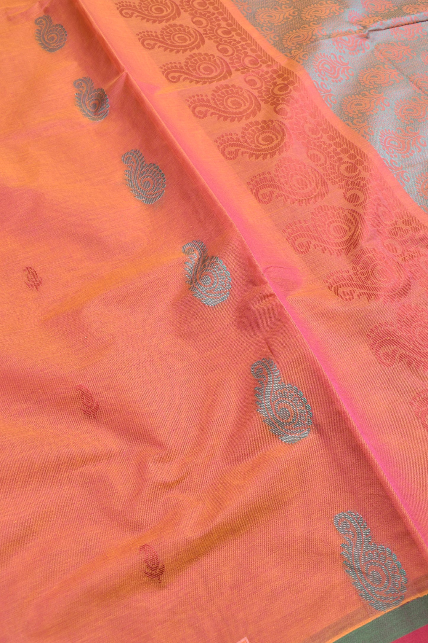 Orange Pure South Cotton Multi Jari Multi Butta Saree