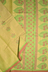 Light Green Pure South Cotton Thread Checks Fancy Flower Butta Saree