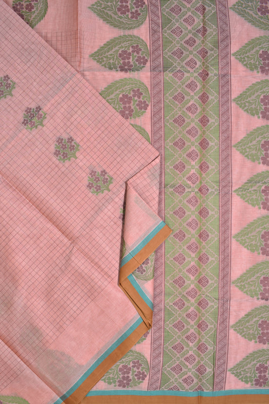 Light Pink Pure South Cotton Thread Checks Fancy Flower Butta Saree