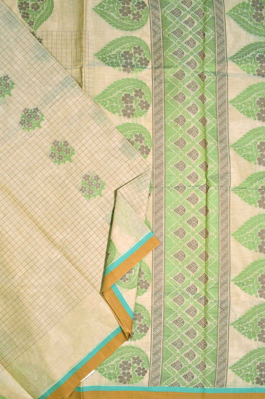 Light Brown Pure South Cotton Thread Checks Fancy Flower Butta Saree