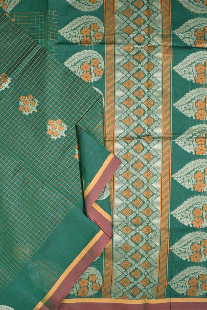 Green Pure South Cotton Thread Checks Fancy Flower Butta Saree