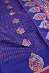 Blue Pure South Cotton Thread Checks Fancy Flower Butta Saree