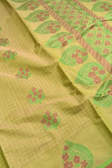 Light Green Pure South Cotton Thread Checks Fancy Flower Butta Saree