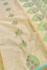 Light Brown Pure South Cotton Thread Checks Fancy Flower Butta Saree