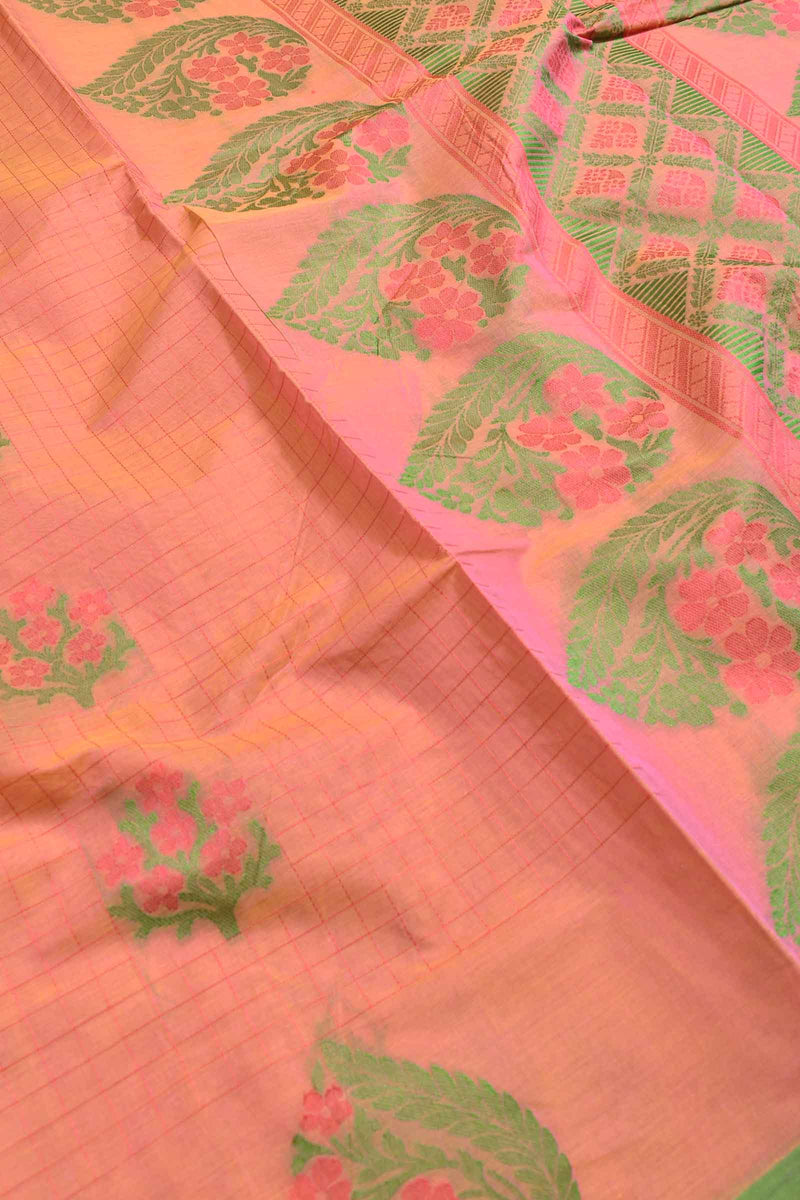 Light Orange Pure South Cotton Thread Checks Fancy Flower Butta Saree