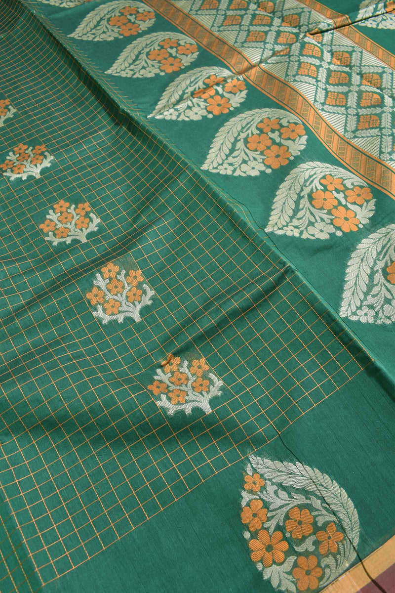 Green Pure South Cotton Thread Checks Fancy Flower Butta Saree