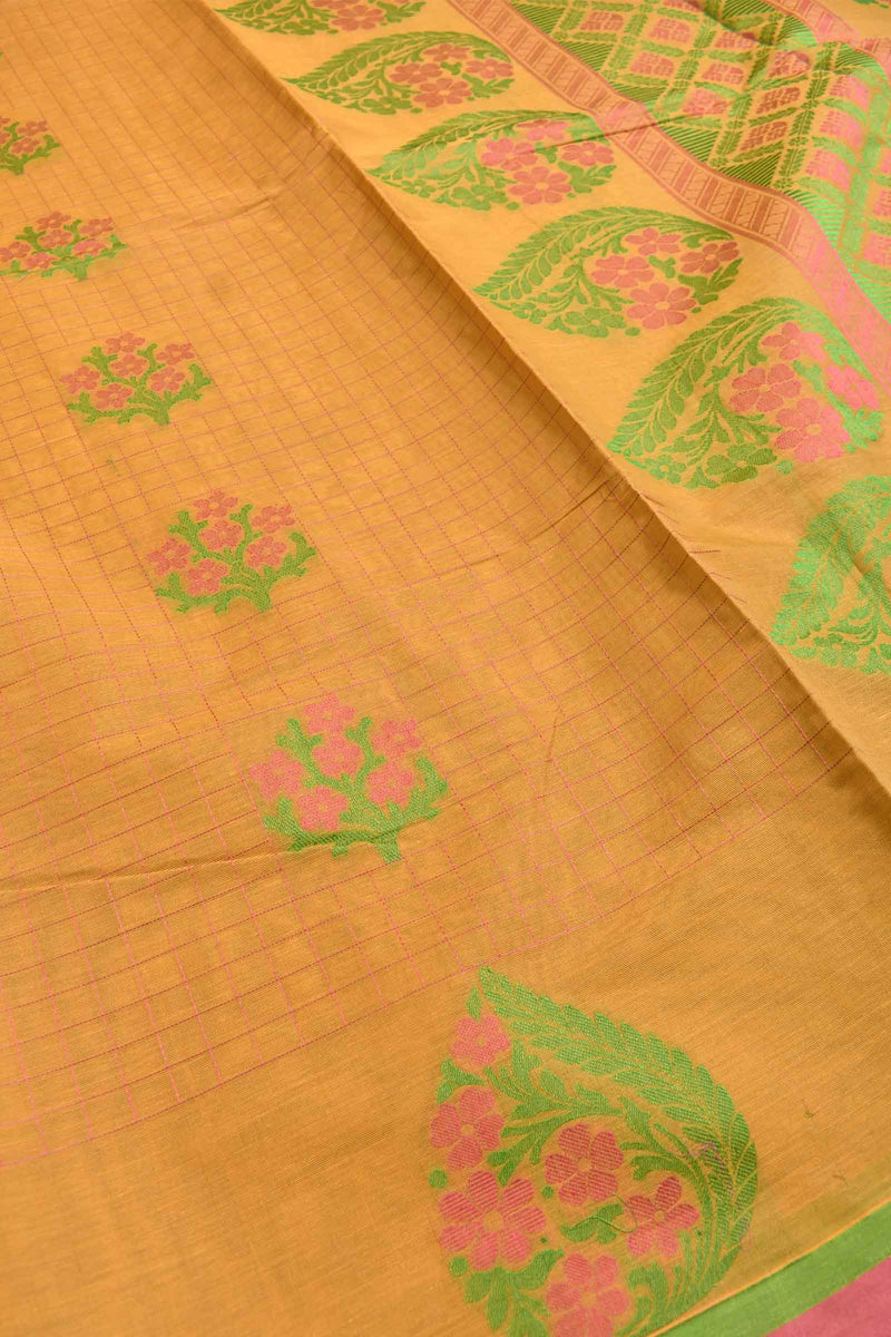 Yellow Pure South Cotton Thread Checks Fancy Flower Butta Saree