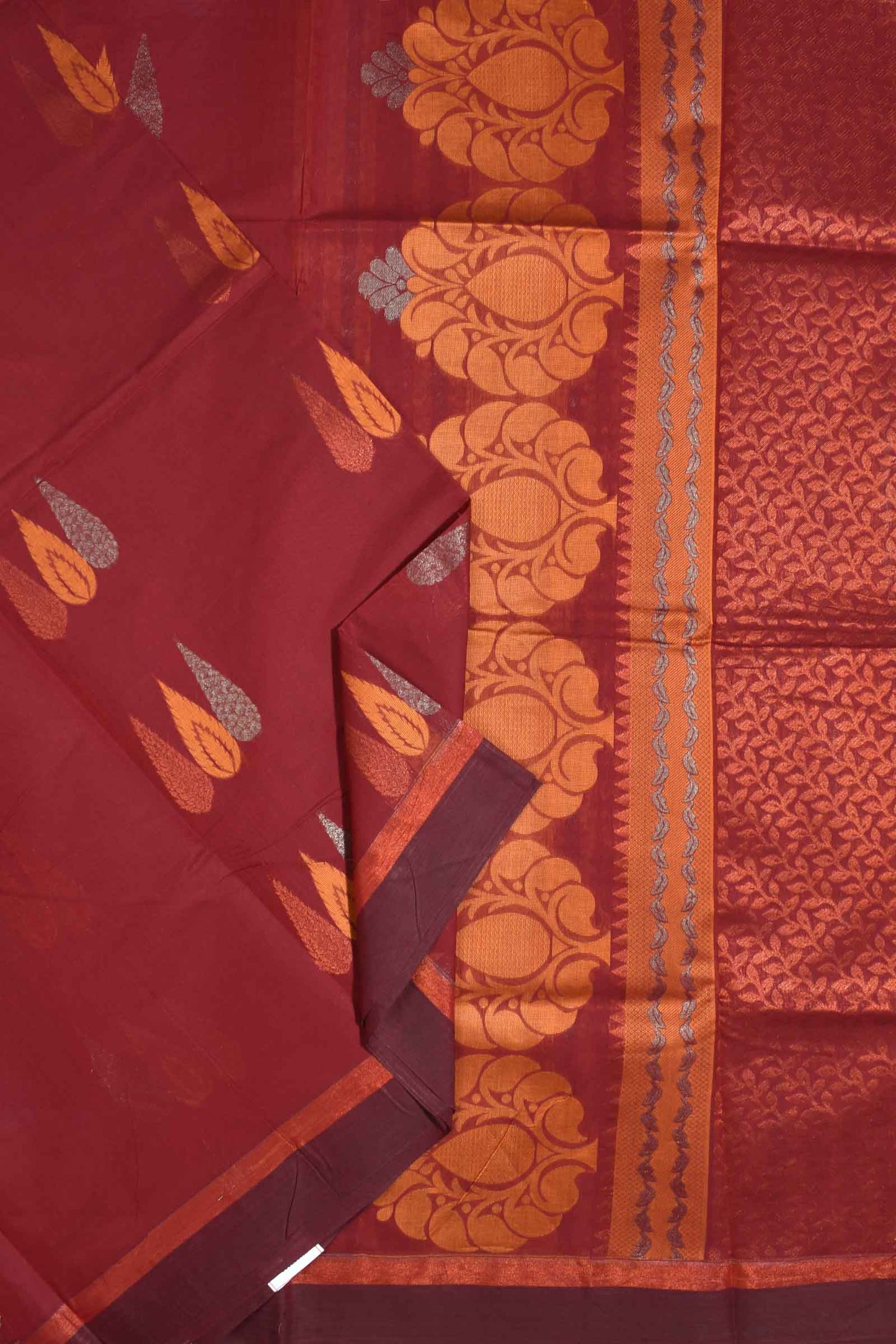 Meroon Pure South Cotton Multi Jari Leaf Butta Saree