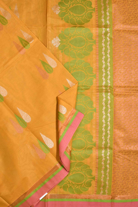 Orange Pure South Cotton Multi Jari Leaf Butta Saree