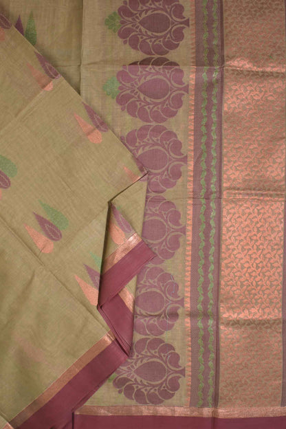 Green Pure South Cotton Multi Jari Leaf Butta Saree