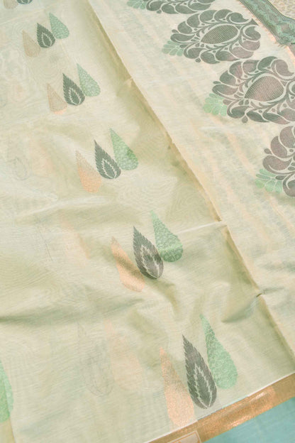 Half White Pure South Cotton Multi Jari Leaf Butta Saree