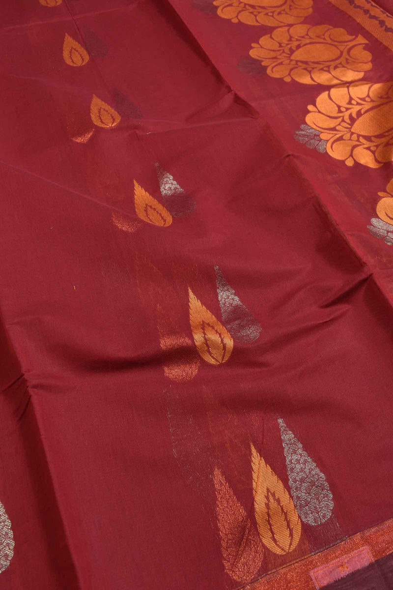 Meroon Pure South Cotton Multi Jari Leaf Butta Saree