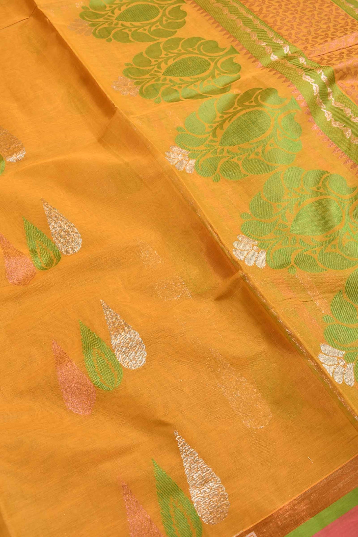 Orange Pure South Cotton Multi Jari Leaf Butta Saree