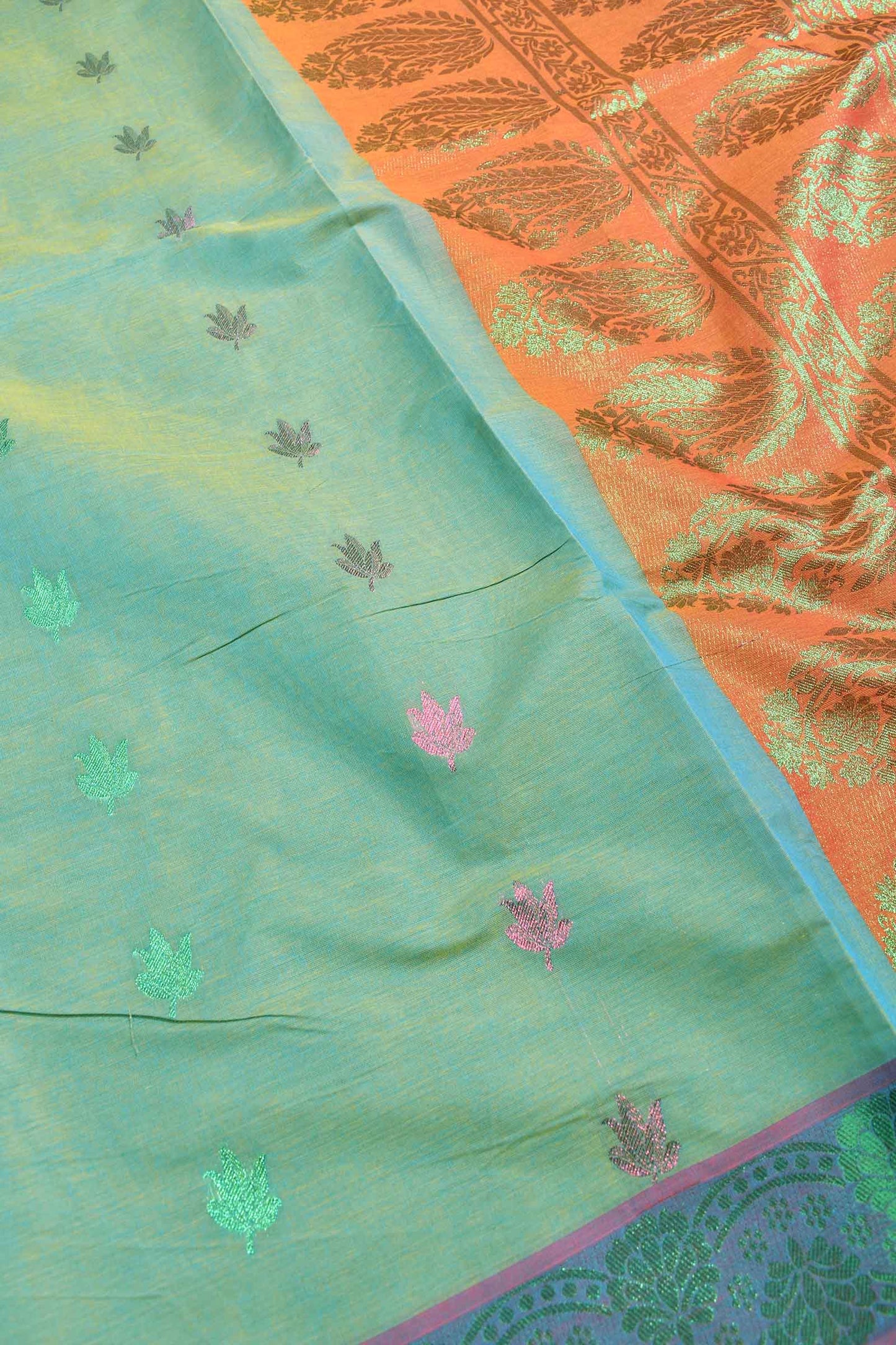 Light Green Pure South Cotton Multi Jari Butta Rich Pallu Saree