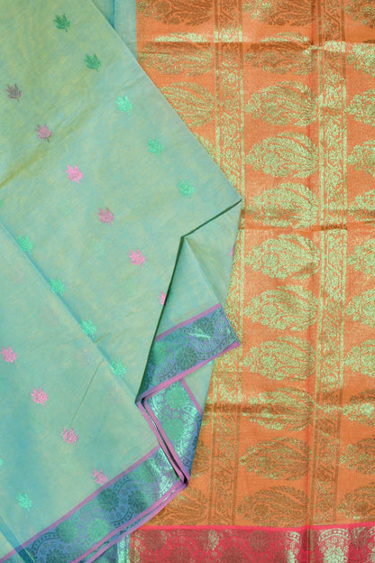 Light Green Pure South Cotton Multi Jari Butta Rich Pallu Saree