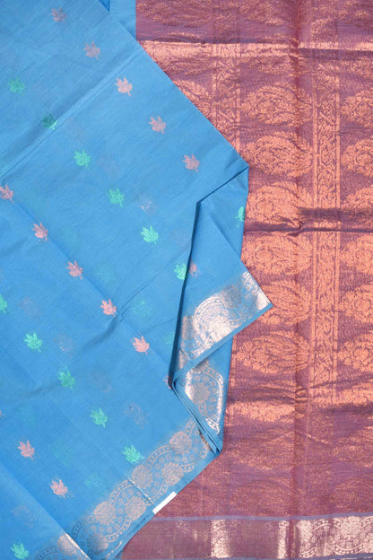 Blue Pure South Cotton Multi Jari Butta Rich Pallu Saree