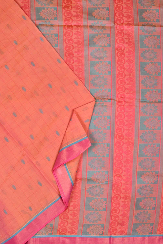 Orange Pure South Cotton Body Checks Rich Pallu Saree