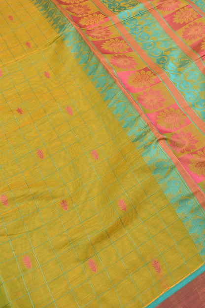 Green Pure South Cotton Body Checks Rich Pallu Saree