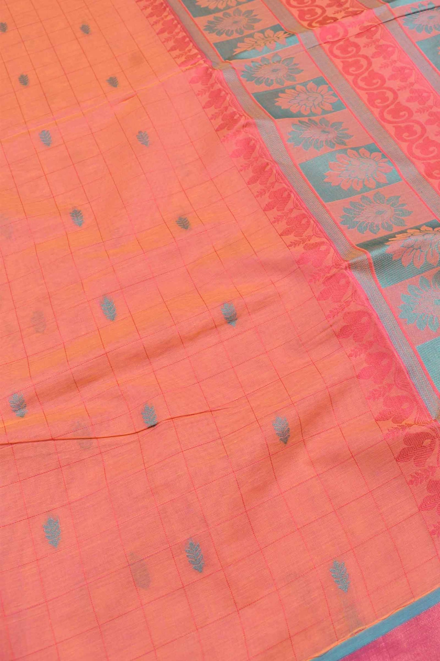 Orange Pure South Cotton Body Checks Rich Pallu Saree