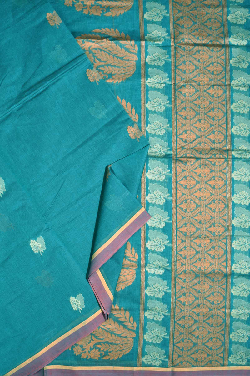 Blue Pure South Cotton Double Leaf Butta Fancy Pallu Saree