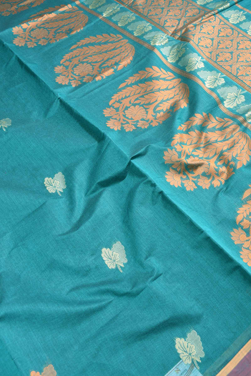 Blue Pure South Cotton Double Leaf Butta Fancy Pallu Saree