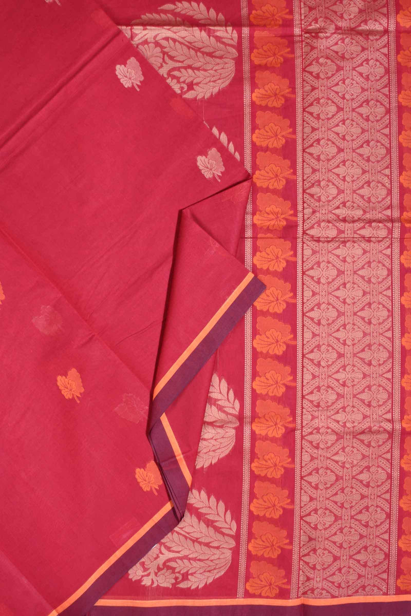 Meroon Pure South Cotton Double Leaf Butta Fancy Pallu Saree