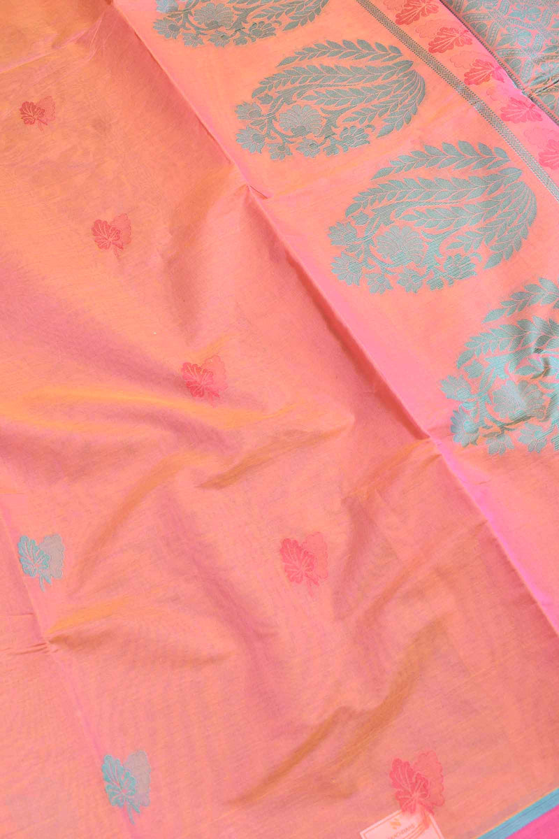 Orange Pure South Cotton Double Leaf Butta Fancy Pallu Saree