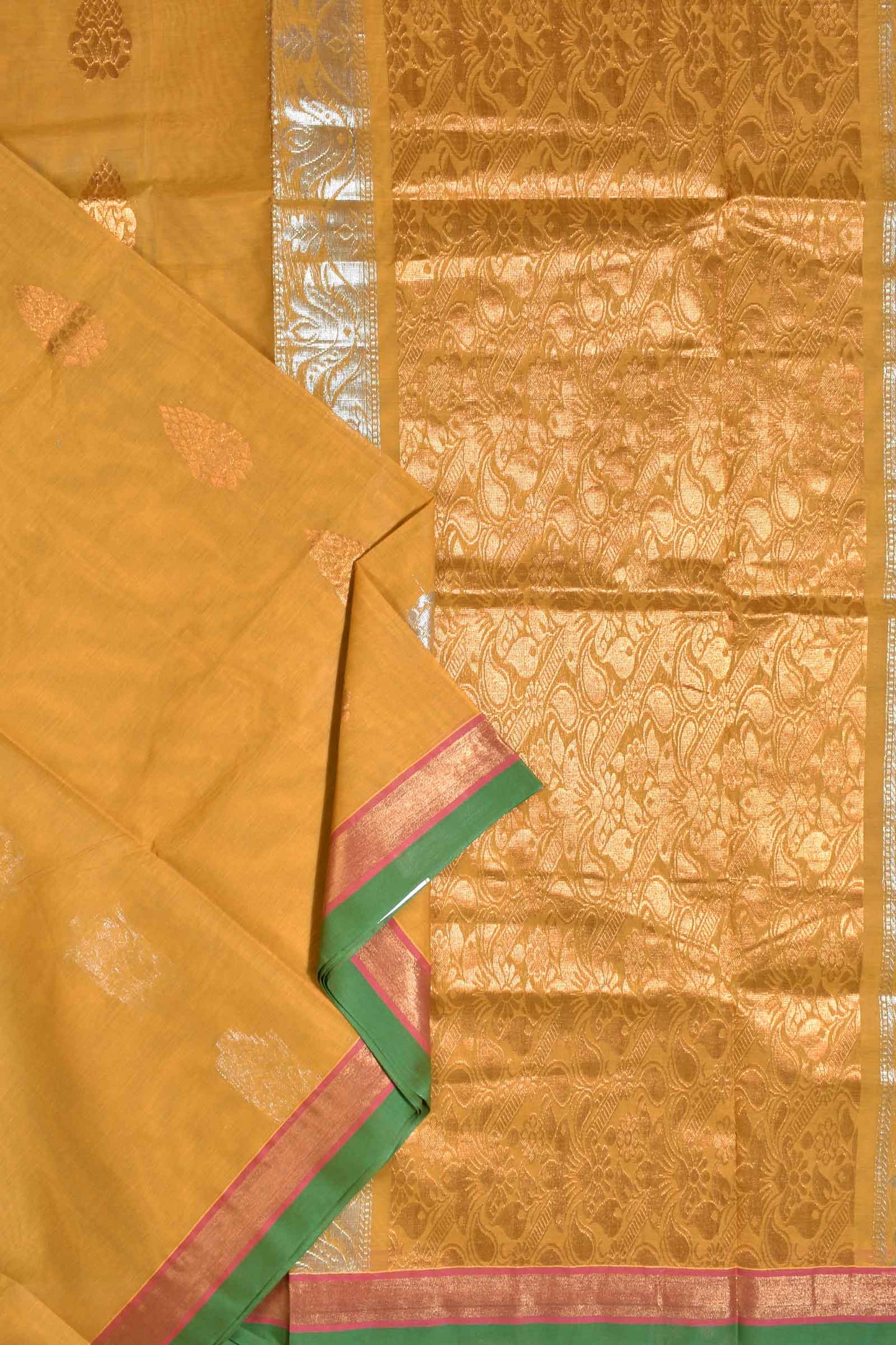 Yellow Pure South Cotton Double Jari Butta Rich Pallu Saree