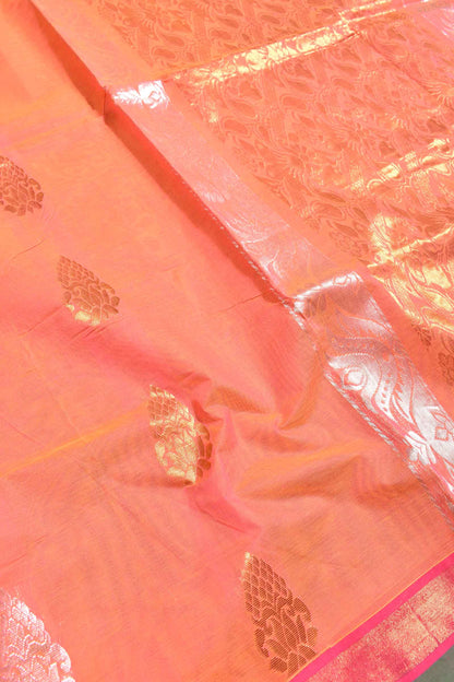 Peach Pure South Cotton Double Jari Butta Rich Pallu Saree