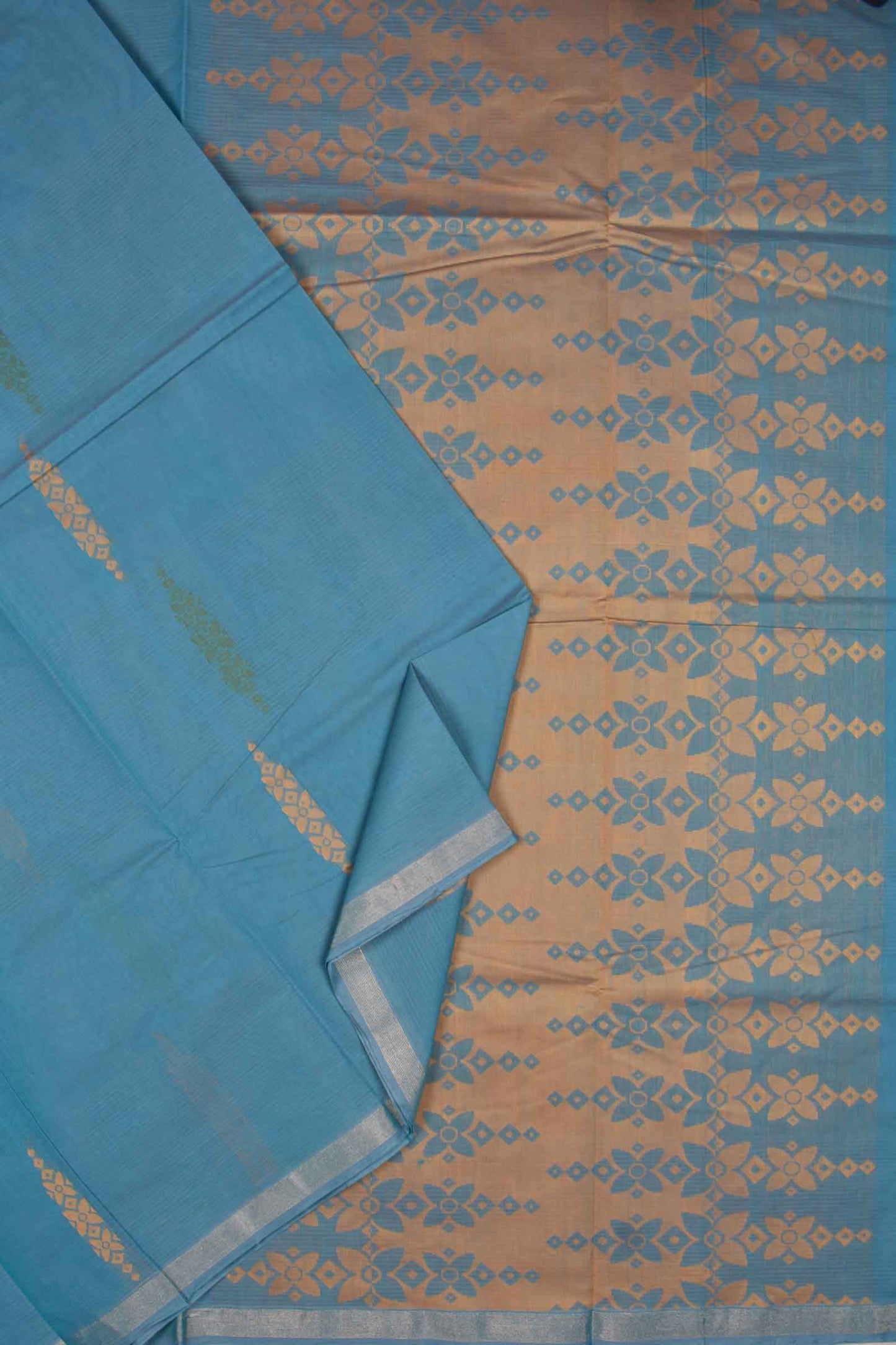 Blue Pure South Cotton Fancy Butta Tape Border Saree