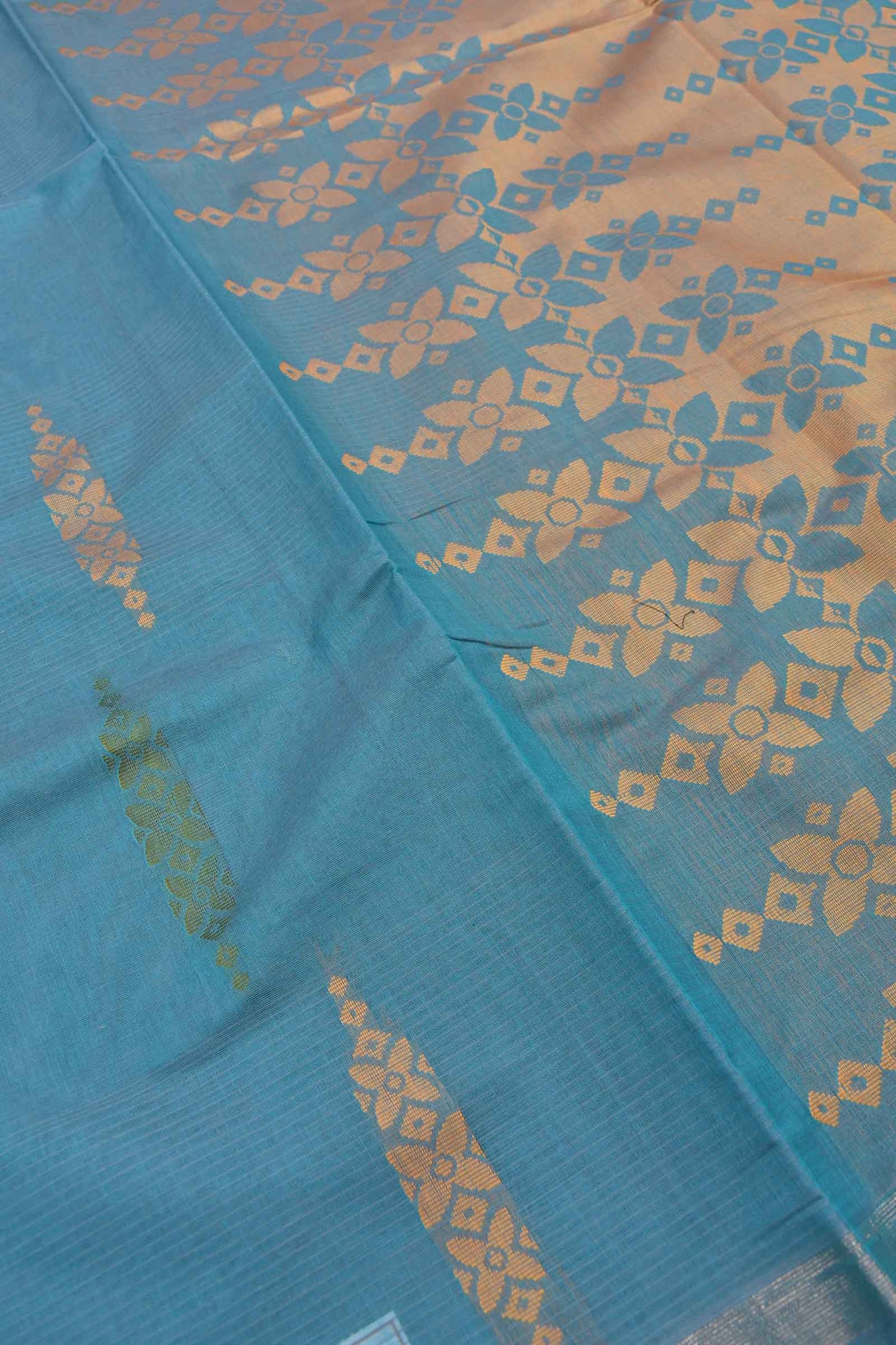 Blue Pure South Cotton Fancy Butta Tape Border Saree