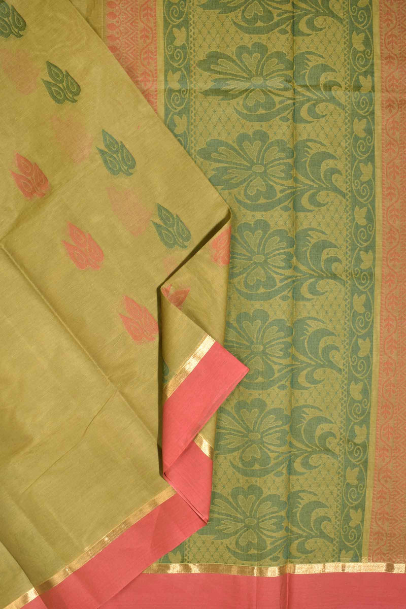 Green Pure South Cotton Double Leaf Butta Rich Pallu Saree