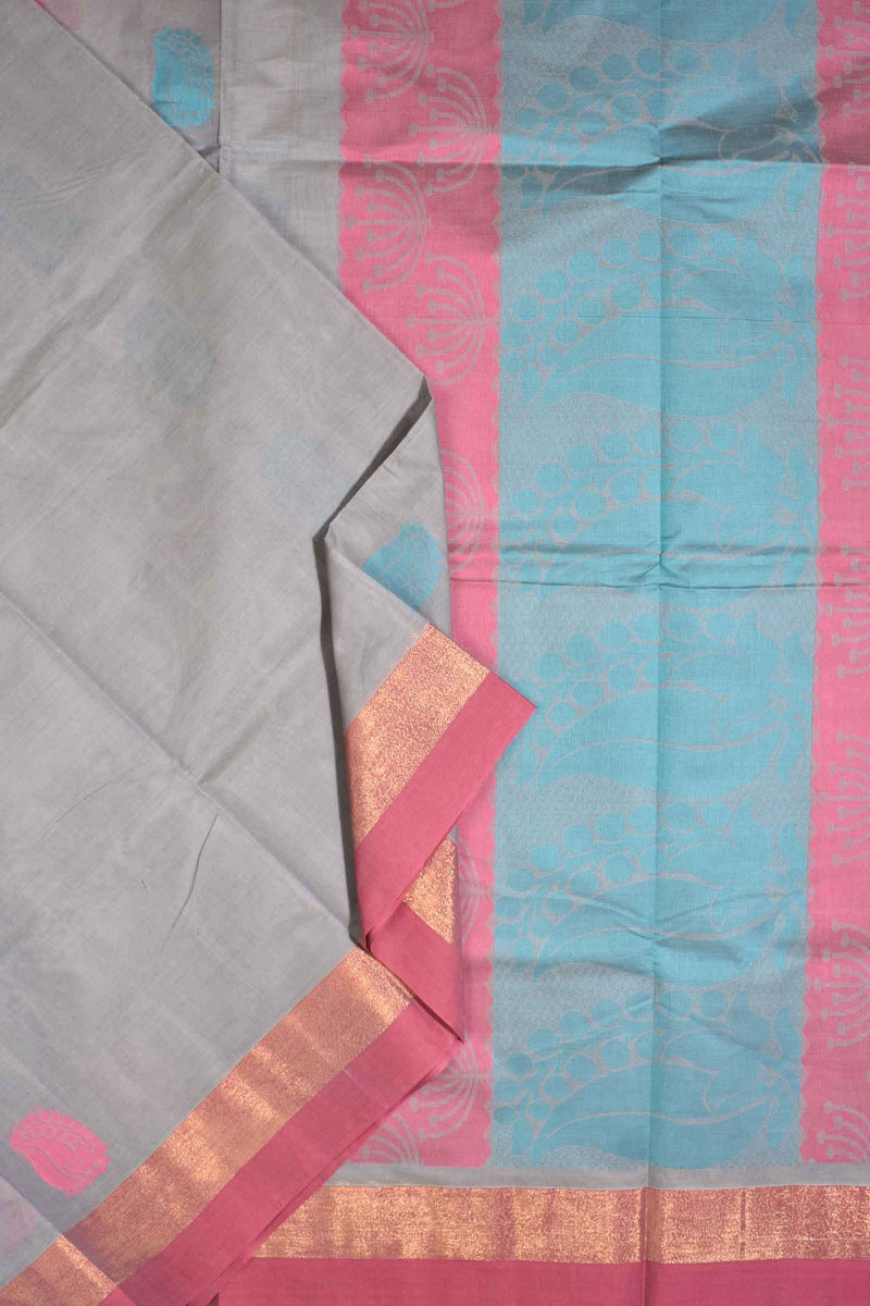 Grey Pure South Cotton Multi Jari Butta Rich Pallu Saree