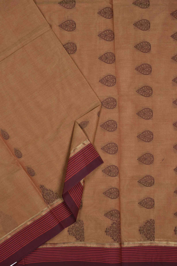 Brown Pure South Cotton Butta Line Border Saree