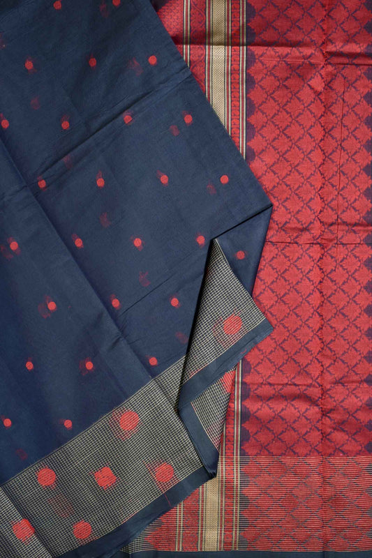 Dark Navy Blue Pure South Cotton Peacock Border Fancy Pallu Saree