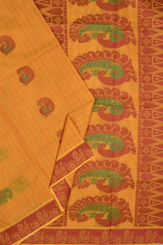 Orange Pure South Cotton Elephant Peacock Butta Rich Pallu Saree