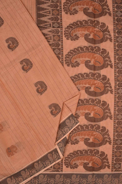 Light Brown Pure South Cotton Elephant Peacock Butta Rich Pallu Saree