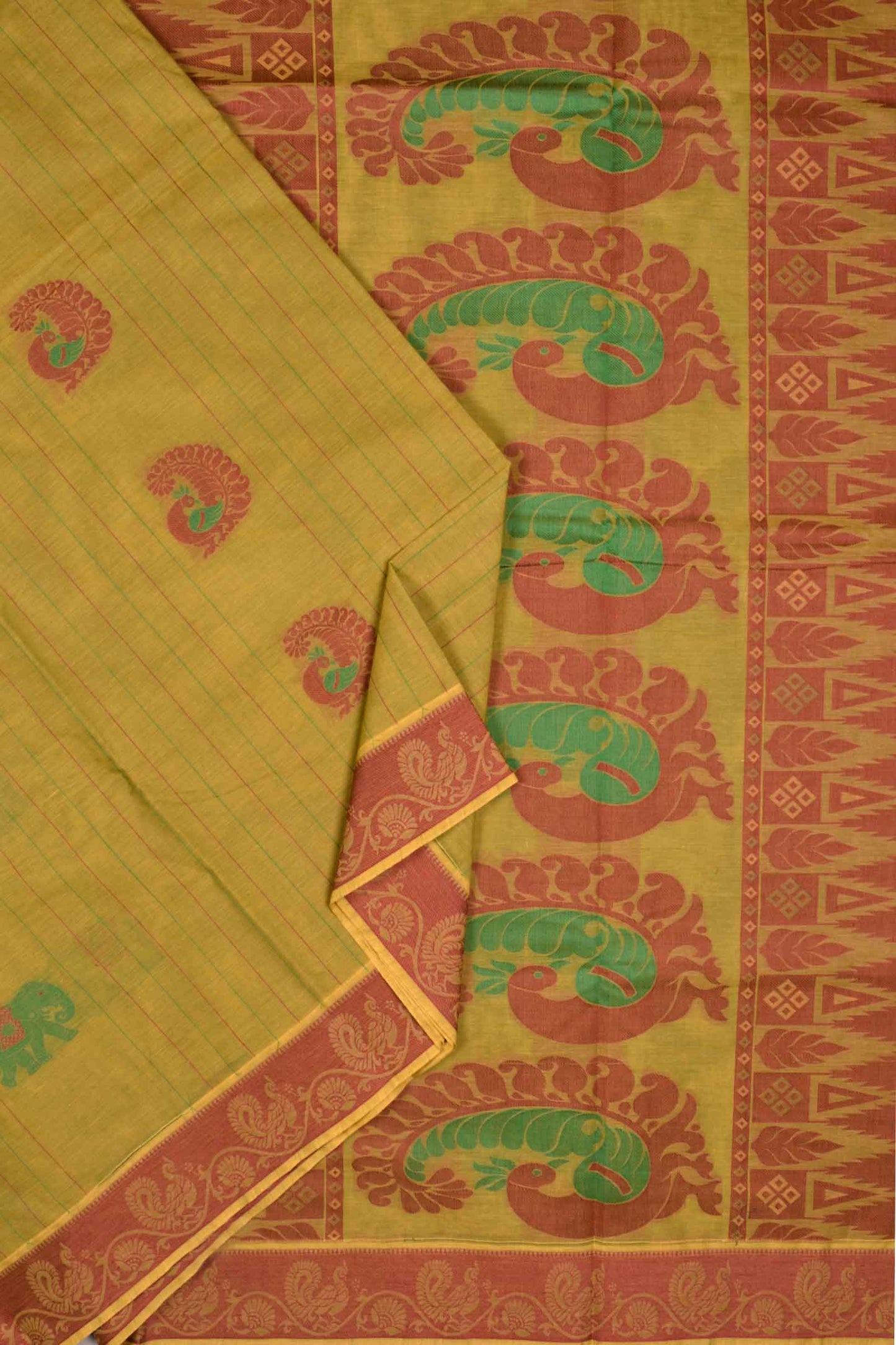 Green Pure South Cotton Elephant Peacock Butta Rich Pallu Saree